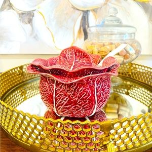 Rare VTG Secla Red Cabbage Art Portugal Pottery Leaf Tureen, Lid, Ladle Majolica